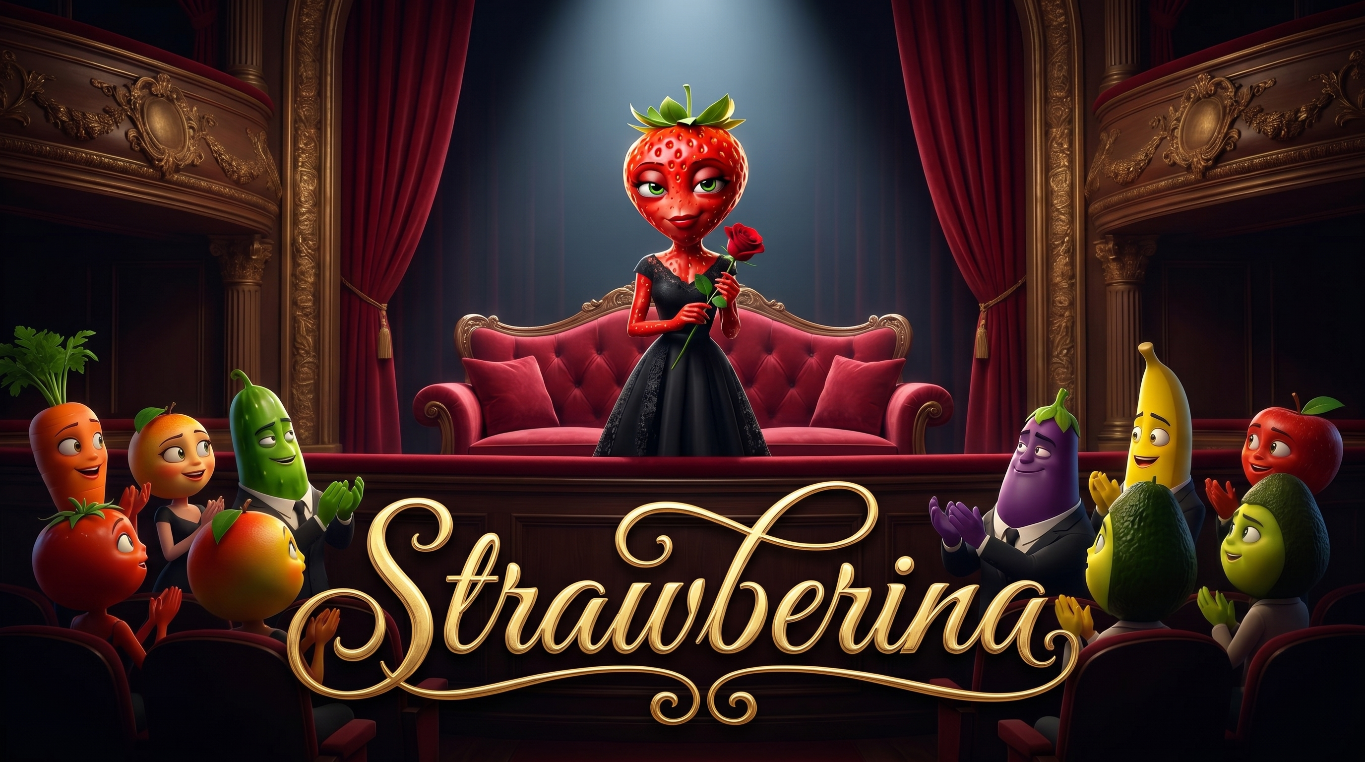 Strawberina standing on a grand theater stage as the fruit audience applauds