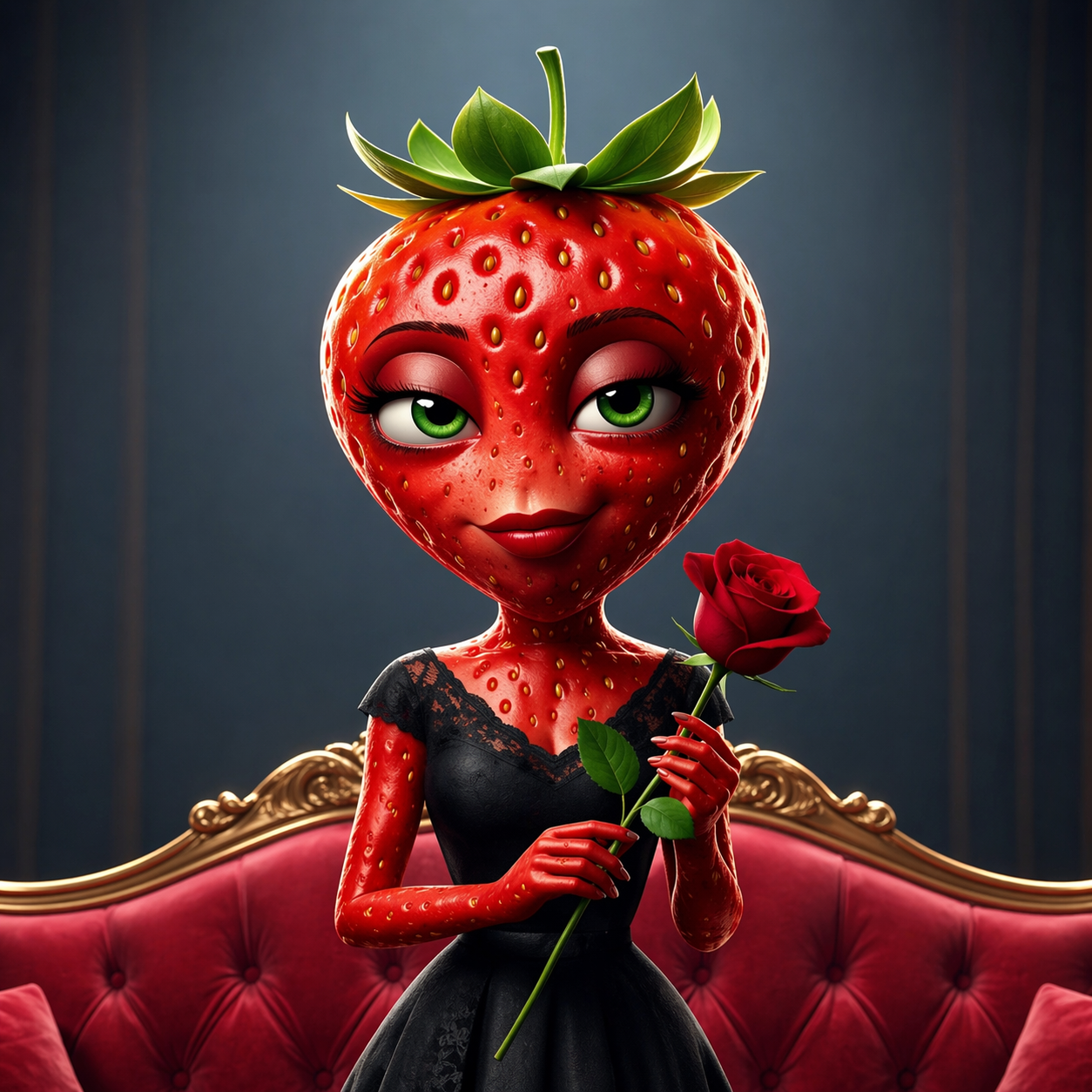 Portrait of Strawberina holding a red rose